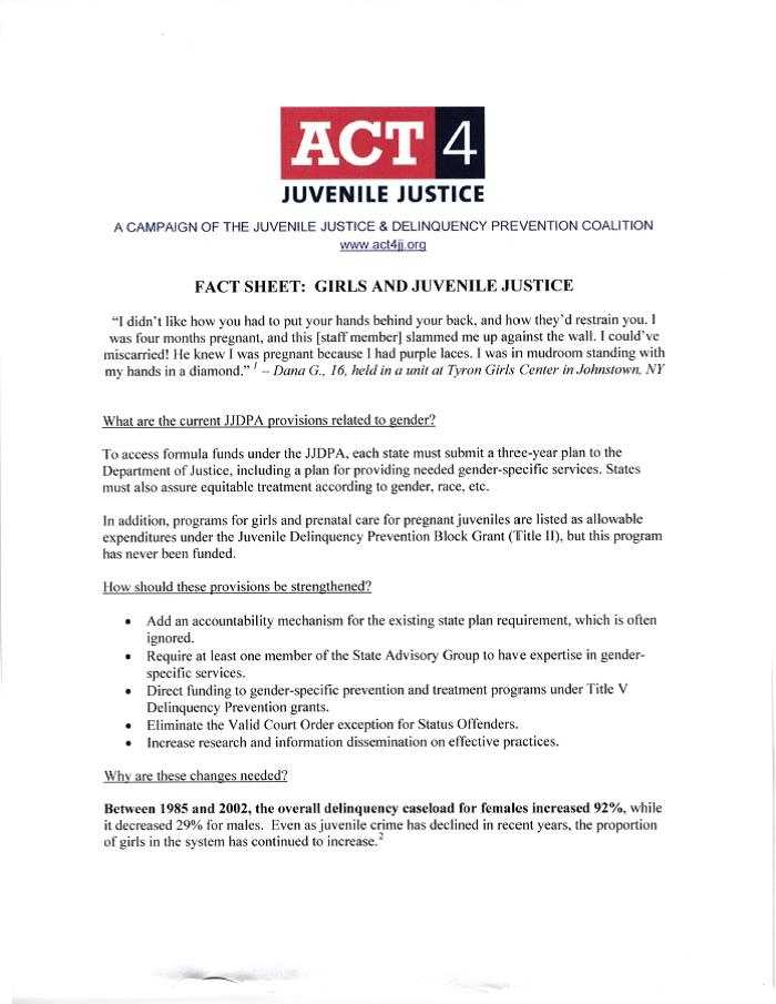 Fact Sheet: Girls and Juvenile Justice